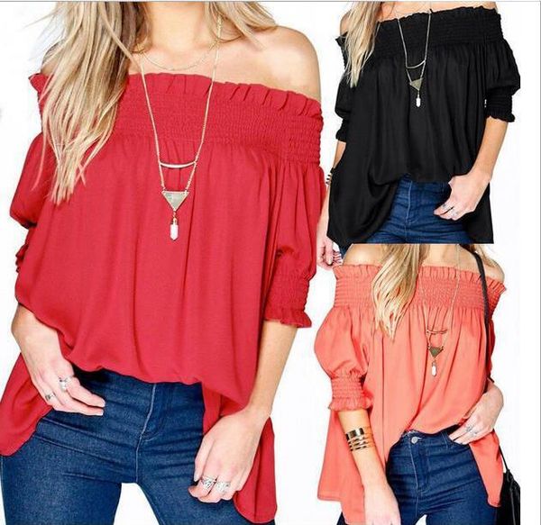 

women casual off shoulder floral t-shirt flared sleeves blouse loose ladies off shoulder wear shirt 3 colors, Black;gray