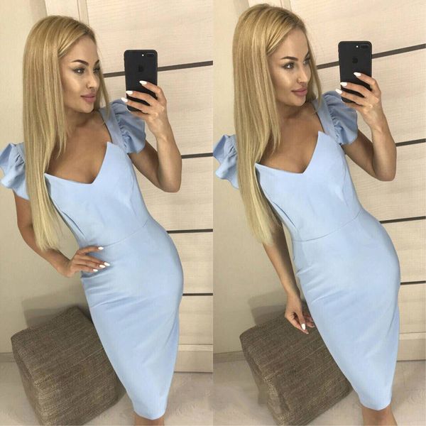 

women summer knee-length pencil dresses 2018 new v-neck ruffle short sleeve dress party backless beach slim dress sundress, Black;gray