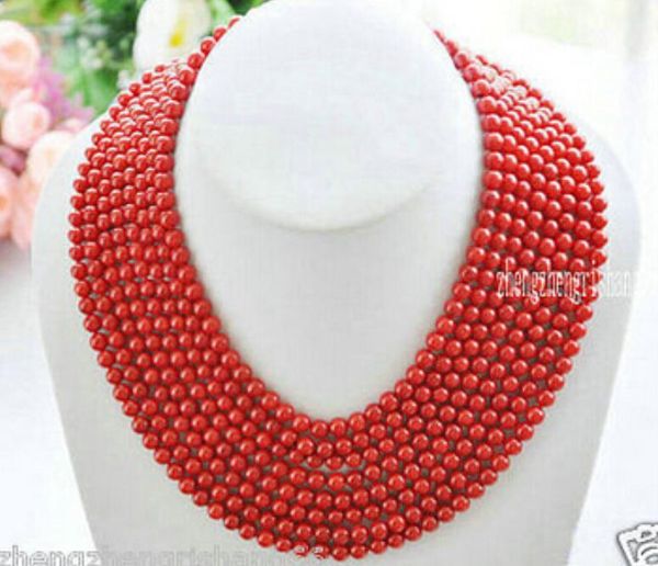 

wonderful lucky jewelry charming 8 rows 6mm red coral round beads necklace 17-24" wide, Silver
