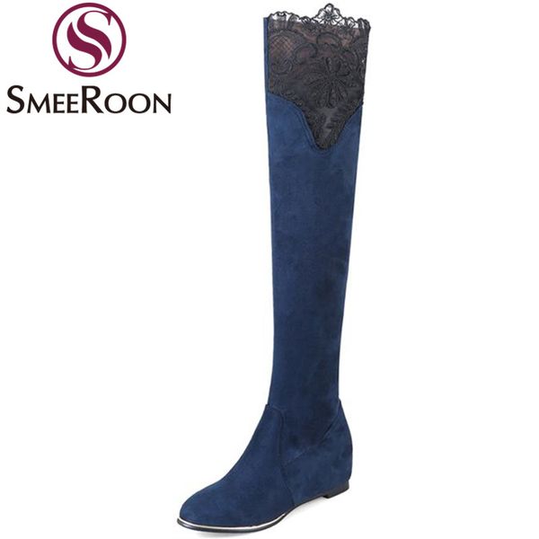 

smeeroon new arrive flock over the knee boots for woman with flower thigh high boots keep warm winter women shoes, Black