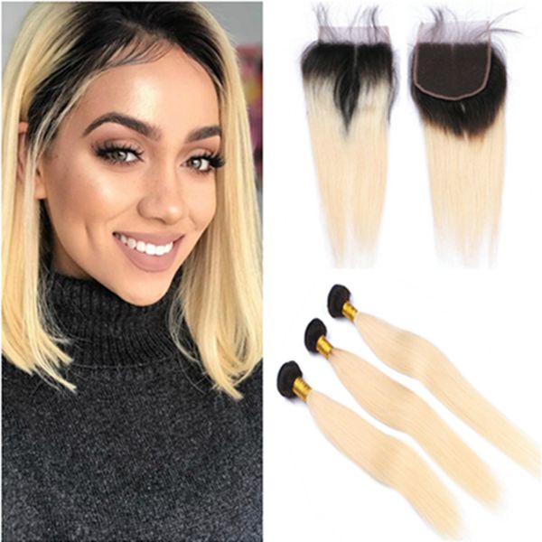 Günstige brasilianisches Echthaar #1B/613 Blonde Ombre Weave Bundles Dark Roots mit Ombre Blonde Front Lace Verschluss Stück 4x4