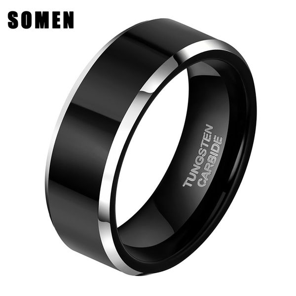 Somen anel homens 8mm preto anel de carboneto de tungstênio polido Anéis De Noivado Banda De Casamento Plana Amigos Presente da jóia anel masculino S18101607