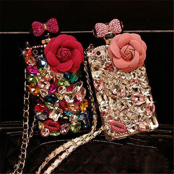 

luxury bling bling diamond crystal rhinestone flower lanyard perfume bottle case for iphone x 8 7 6s plus samsung s9 s9plus s8 note8