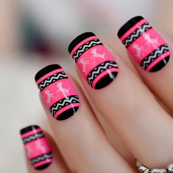 

decoration nail pre-design fake nails deer pattern fashion lady false nail tips pre design square nails for bride party, Red;gold