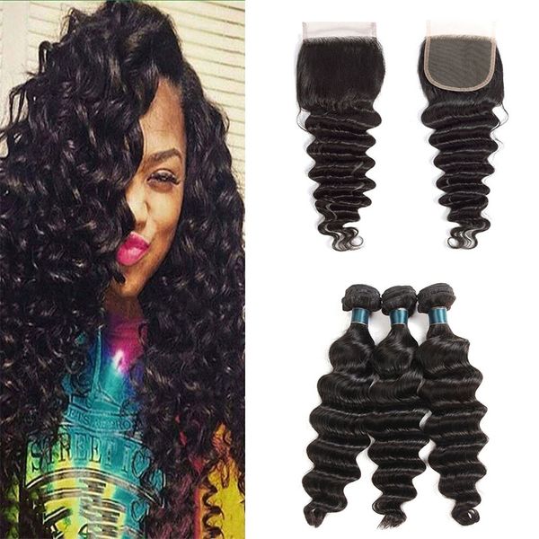 

selling loose deep wave hair 3 bundles with closure brazilian virgin human hair weave extensions with part lace closure, Black;brown