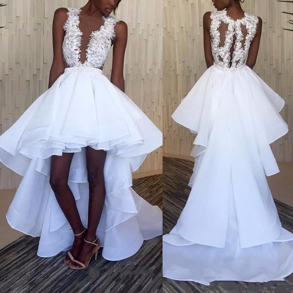 2019 New White High Low Abiti da sera Appliques Sheer Neck Increspato Drappeggiato Tiered Elegante Short Front Long Back Abiti da festa africani Formali