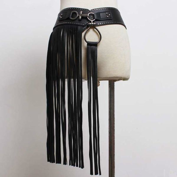 

ewq] 2018 new spring fashion tide black punk style long fringed rivet wide belt women all match qc15101 s18101807, Black;brown