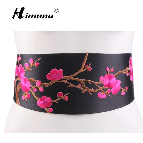 

himunu] chinese wind embroidered flowers wide belt knot fashion dress female belt folk style girdle red green rose yellow white, Black;brown