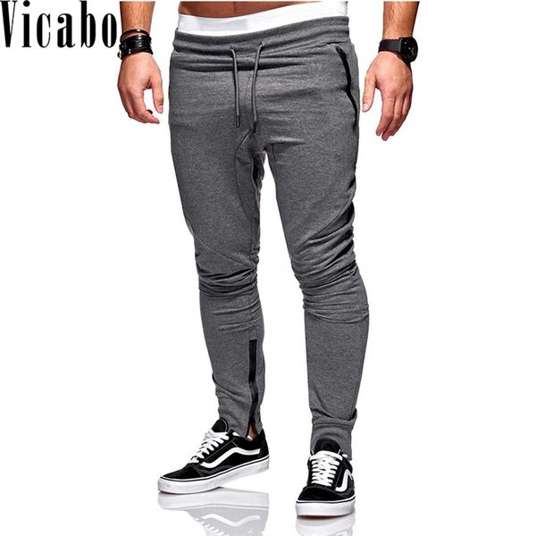 

vicabo men ankle zipped pocket skinny sweatpants solid elastic waist cotton trousers sportwear joggers pant pantalon homme, Black