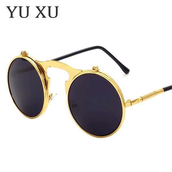 

yu xu vintage metal steam punk flip sunglasses women brand designer round sunglasses men's new fashion trendy sunglasses h136, White;black