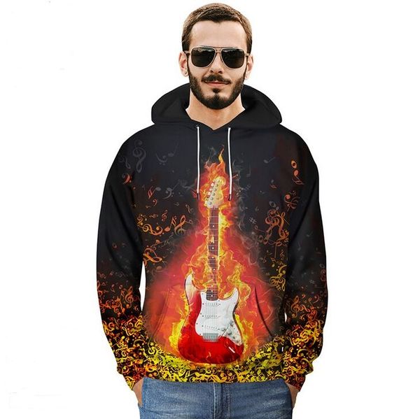 

2018 autumn and winter couple sweater creative flame guitar print hoodie new style brand big size fat hoodie, Black