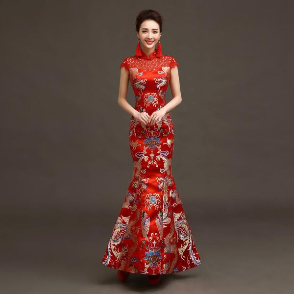 Acheter Femmes Chinois Cheongsam Eté Longue Queue De Poisson Chinois Traditionnel Robe De Mariage Rouge Cheongsam Robe Longue Qipao De 10055 Du