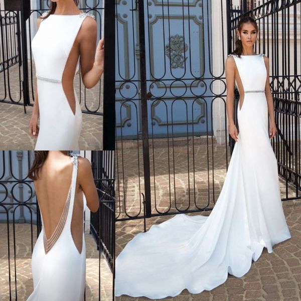 2018 cetim sereia vestidos de noiva elihav sasson backless vestidos nupciais frisados ​​de Bateau Vestido de Noiva