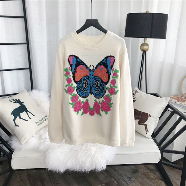 

brand designer butterfly flowers jacquard wool sweaters 2018 autumn winter fashion round neck back letters pullovers casual jumpers knitwear, White;black