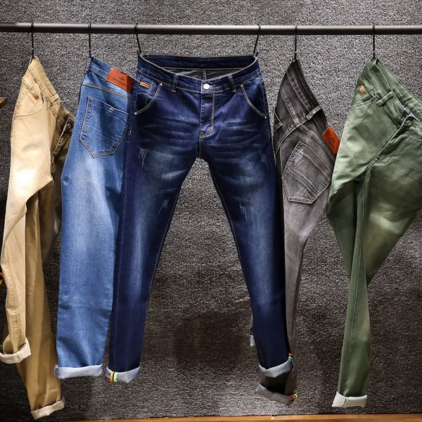 

2018 fashion spring summer jeans designer skinny jeans men straigh mens casual biker denim male stretch trouser pant, Blue