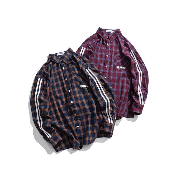 

fashion men 2018 long sleeve plaid shirts brand sleeve striped korean casual cotton hip hop shirts college vintage brand, White;black