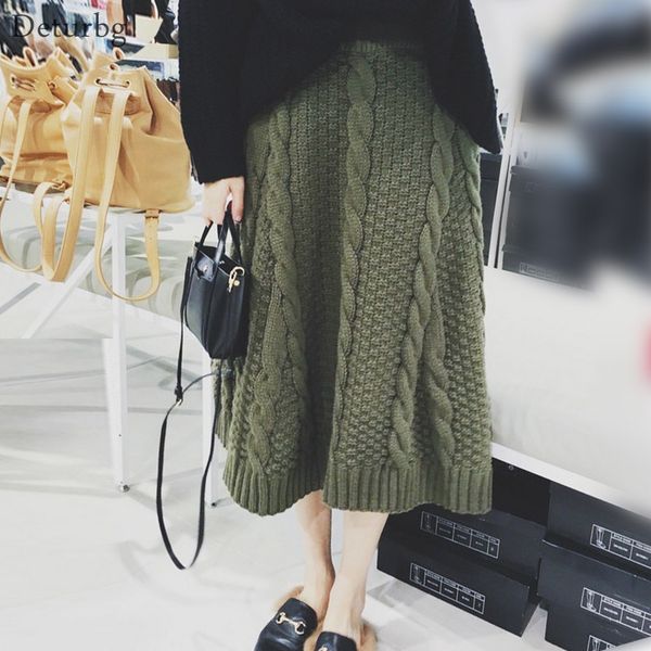 

deturbg women's fashion twisted midi skirt female casual elastic high waist thickened warm knitted work skirts 2018 winter sk229, Black