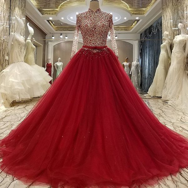 

2019 long sleeves evening gowns corset back heavy beaded appliques shiny polyester a line dark red long evening dresses abendkleider lang, Black;red
