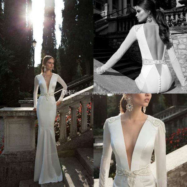 

Berta Mermaid Plunging V-neck Sheer Long Sleeve Wedding Dresses Beading Backless Sweep Train Satin Sexy Bridal Gowns 2018 Wedding Dresses