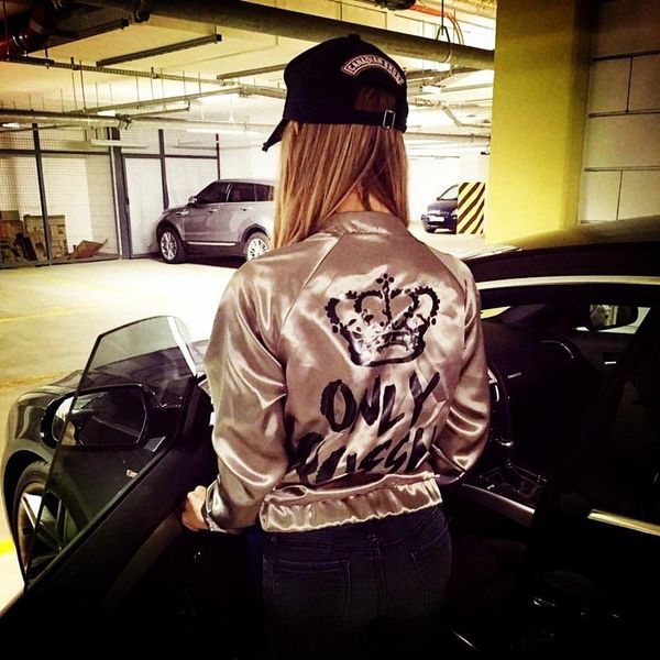 

back only queen crown letter print womens outerwear coats autumn basic coats for lady satin silk champagne gold bomber jacket new arrivals, Black;brown