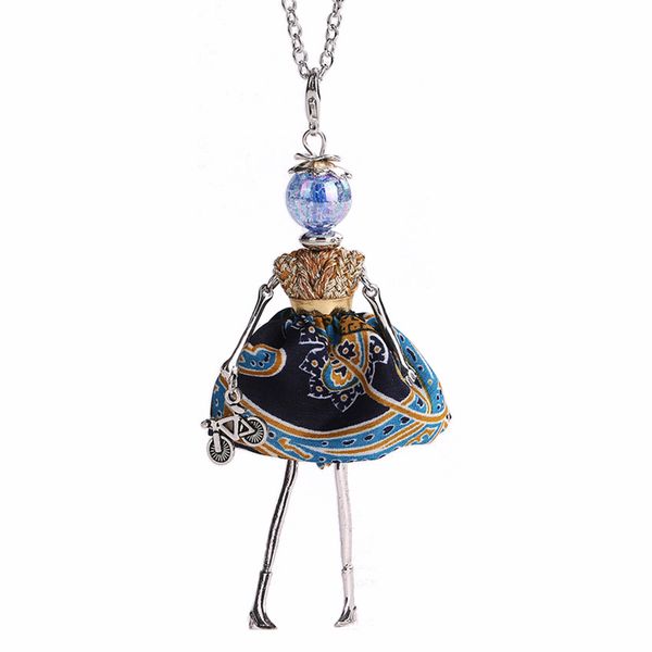 

whole saleylwhjj new girl blue doll pendant long necklace dress female alloy fashion handmade maxi jewelry for women collier femme, Silver