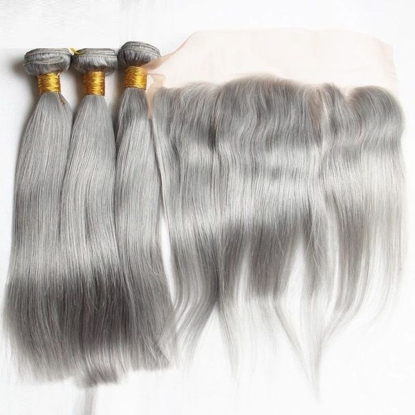

8a brazilian grey traight human hair bundle with lace frontal clo ure color gray virgin hair weave and 13x4 full lace frontal