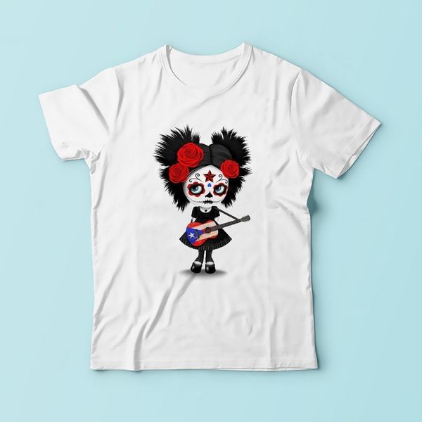 

sugar skull girl playing puerto rican flag guitar funny tshirt men 2018 summer new white short sleeve casual homme cool t shirt, White;black