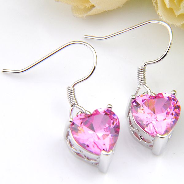 Luckyshine Fashion Women Earring Pink Kunzite Gems Love Heart Cz Zircon 925 Regalo di nozze Dangle Jewelery Designs 12 paia