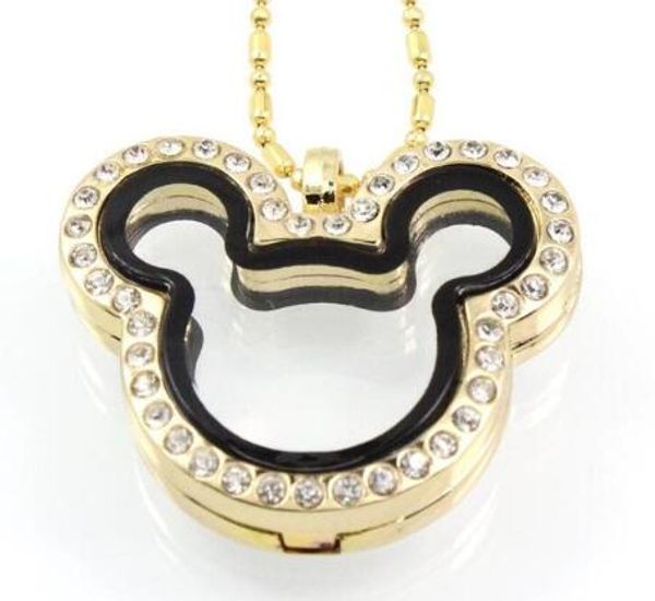

10pc diy locket gold/rose gold mickey living pendant rhinestone magnetic glass floating charm locket necklace alloy with snake chain, Silver