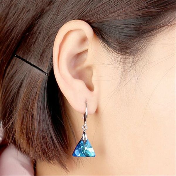 

треугольник кристалл от swarovski элементы синий длинные серьги ювелирные изделия для женщин аксессуары bijoux партии подарок белое золото п, Silver