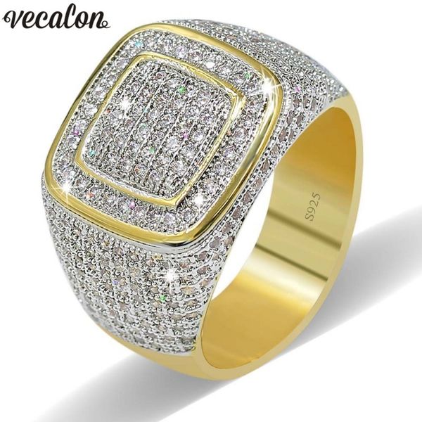 

vecalon luxury big hiphop rock rings for men pave setting 274pcs 5a cz stone yellow gold filled 925 silver male party ring, Slivery;golden
