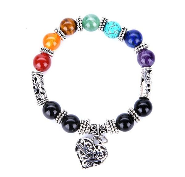 

7 yoga chakra love heart charm bracelets ancient silver plated natural stone buddha power bangle cuff wristbands for women 6 styles, Golden;silver