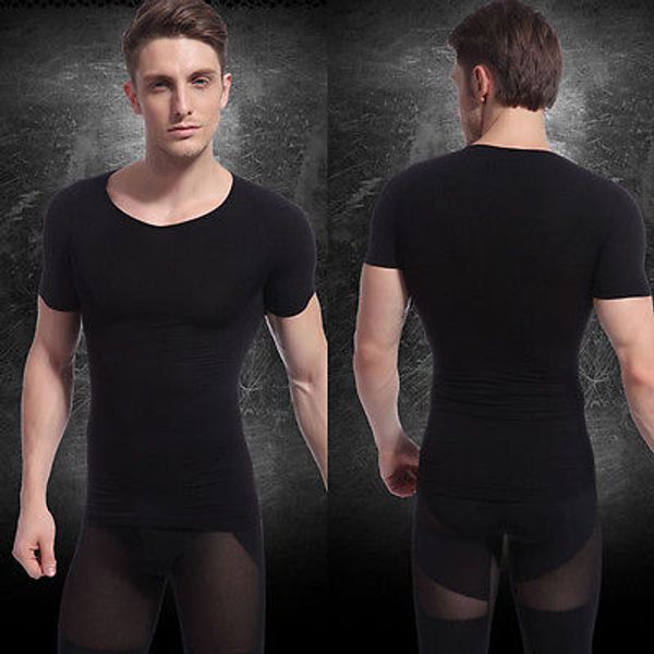 

wholesale-men's slimming body shaper belly fatty underwear vest t-shirts corset compression, Black;brown