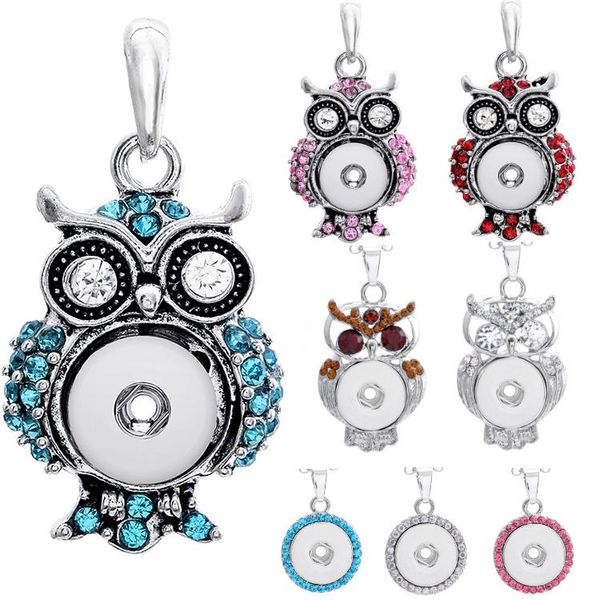 

wholesale 2020 rhinestones snap chunks necklace owl pendent buttons owl round necklaces pendant charms, Silver