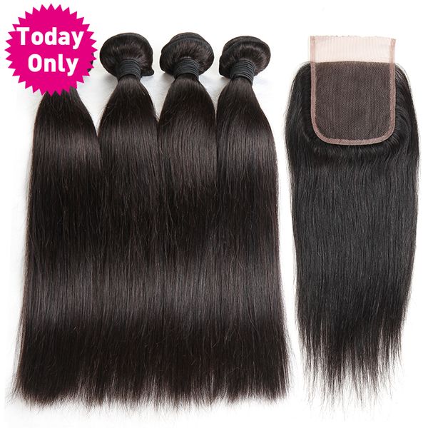 

today only] brazilian straight hair 3 bundles with closure 100% human hair bundles lace closure with baby non remy, Black;brown