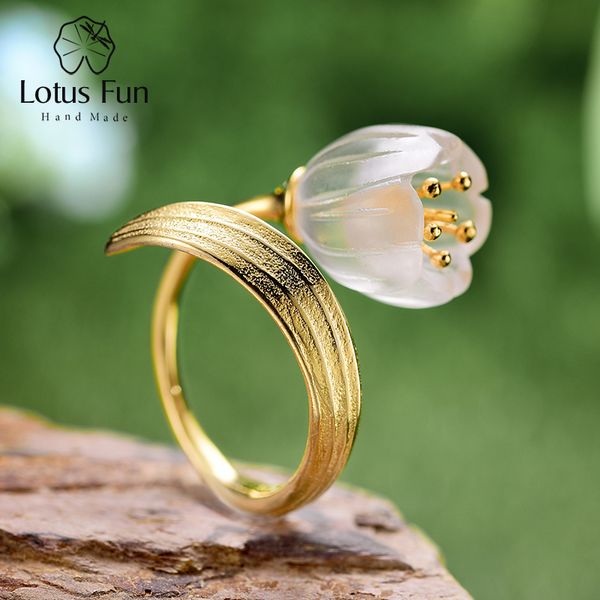 

lotus fun real 925 sterling silver natural crystal handmade fine jewelry lily of the valley flower rings for women, Golden;silver