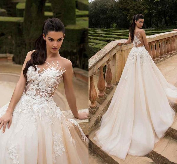 

Milla Nova Bridal A-Line Jewel Wedding Dresses Illusion Sheer Neck 3D-Floral Appliques Court Train Vintage Garden Bridal Gowns