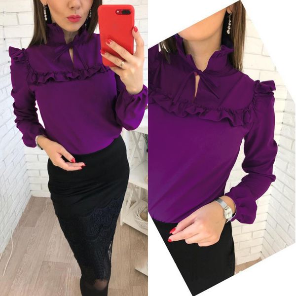 

2018 new women fashion trend women ruffle purple blouses spring summer lantern sleeve casual blouse shirt clothing, White