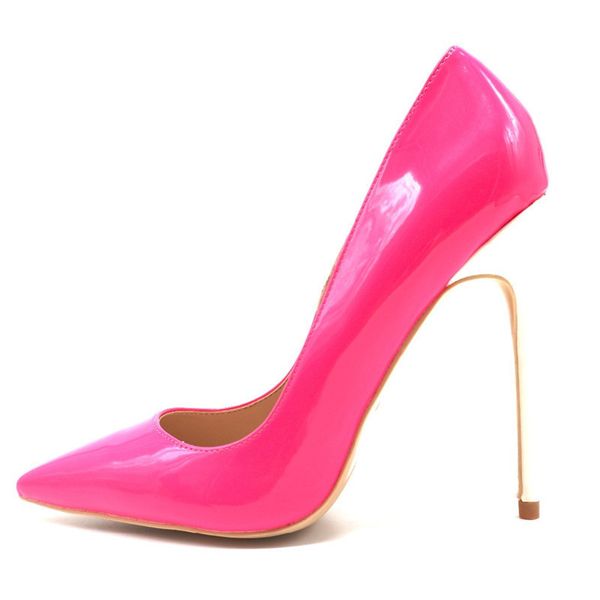 

Free shipping Fashion women lady Fuchsia white patent point toe shoes high heels thin heeled shoes pumps genuine leather 120mm 10cm Big size