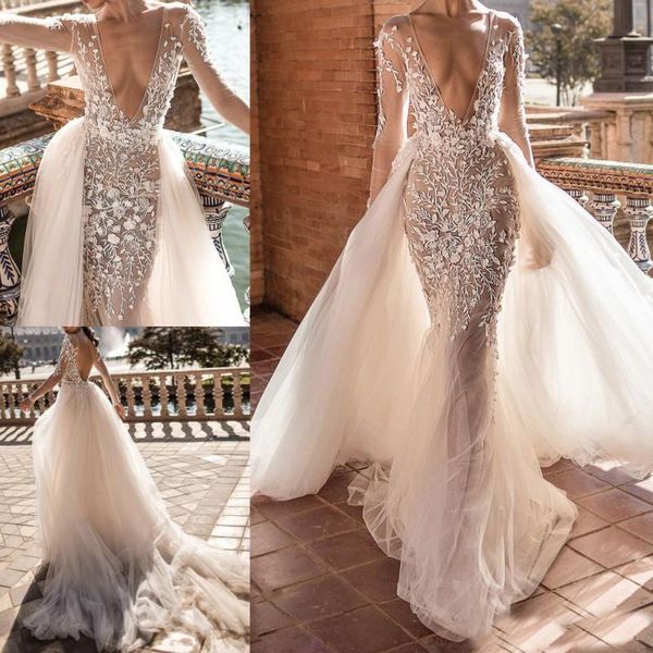 

2018 Mermaid Wedding Dresses With Detachable Train Lace Applique Deep V neck Beach Wedding Gowns Sweep Train Long Sleeve Sexy Bridal Dresses