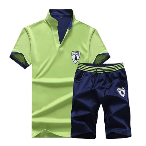 

England Style Summer Short T Shirt Short Pants Two Piece Male Stand Collar V-Neck Top Clothes M-4XL