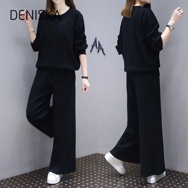 

deniska large size women's clothing set women's autumn new fat mm cover belly tibetan meat thin wide leg pants casual two pieces, White;black