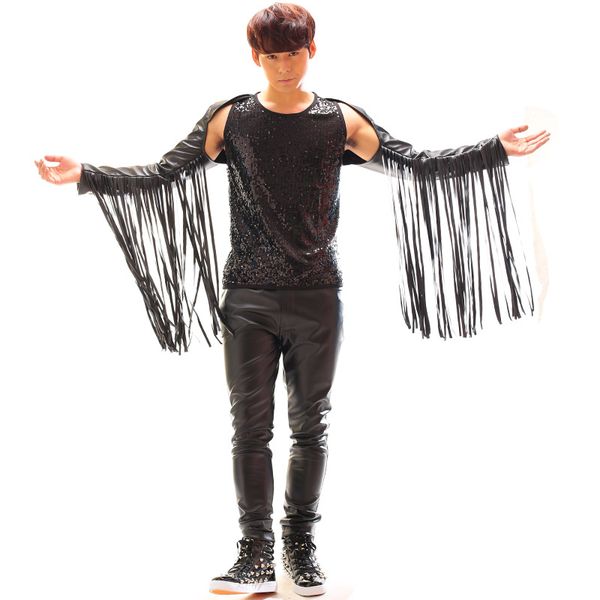 

band rock drum men and women singer dj show tassel vest punk pu leather tank boys male show costumes, Black;white