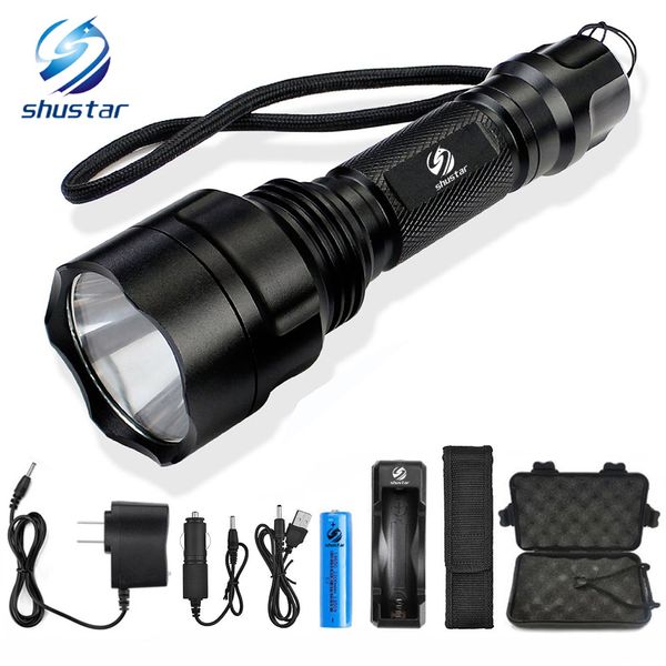 

shustar led flashlight xml-t6/l2 torch 8000lumens for riding camping hiking hunting & indoor activities with 18650 battery+charger