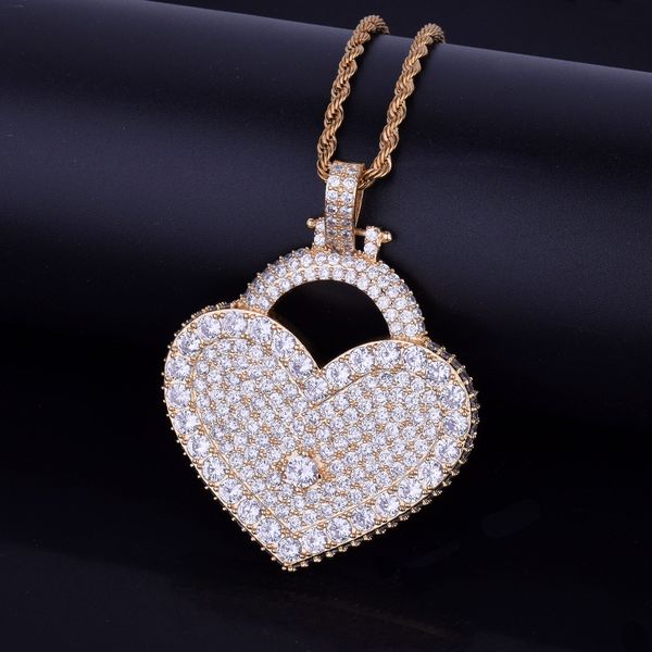 Heißer Verkäufer Männer Frauen Hip Hop Schmuck Herz Liebe Schloss Halskette Anhänger Bling Kubikzircon Mit Seil Kette Gold Farbe für Geschenk