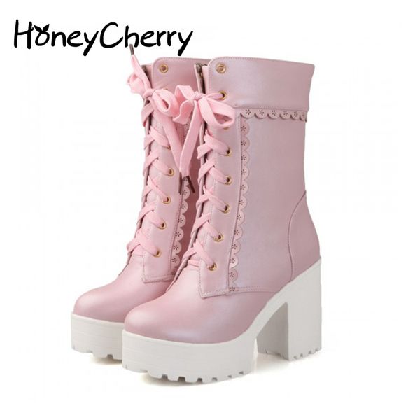 

white black students soft sister lolita high-heeled boots cosplay lace lolita sweet lady shoes women ankle platform boots