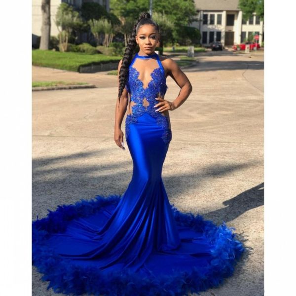 

2018 Royal Blue Пром платье для девушки черного Sexy кружево аппликаций перо Длинных Русалка специального случая вечернего платья Формальных партии Wear