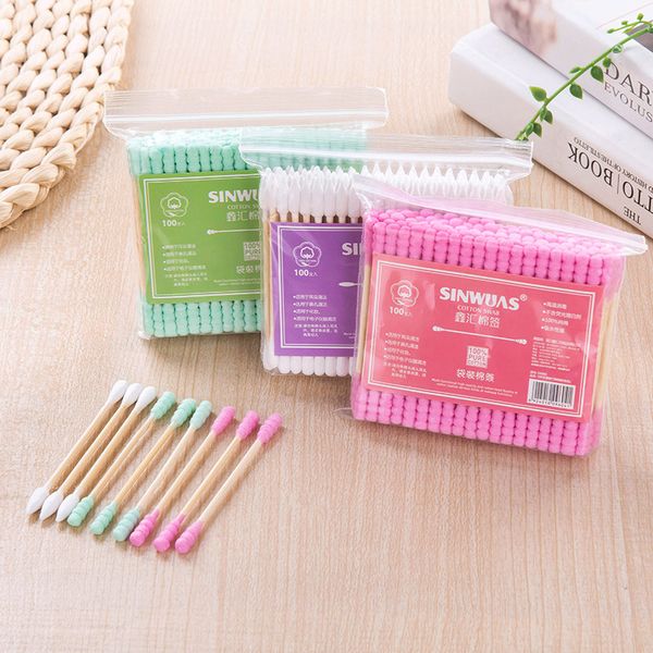

follome 100pcs cosmetic cotton swab stick double head ended clean cotton buds ear clean tools for children pink green