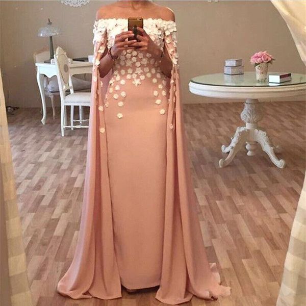 

2018 арабский цветок вечерние платья sheer с мысом с плеча vestido де феста халат де soirre женщины пром платья пыльный розовый скромный, Black