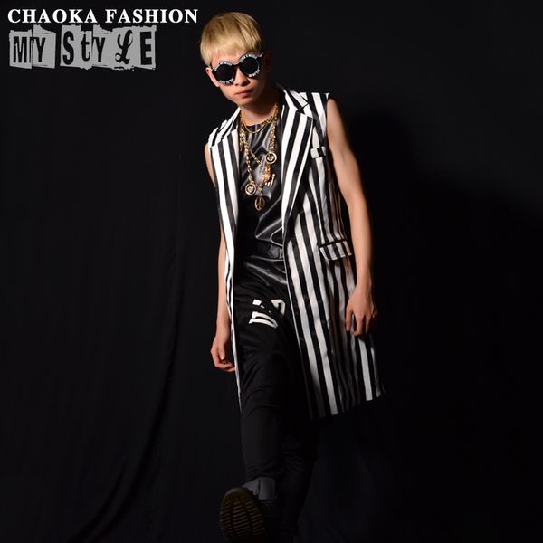 

2018 black and white stripe super vision long waistcoat party stage nightclub bar singer performance dress m-6xl, Black;white